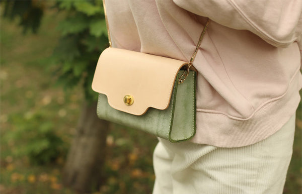 Womens Green Leather Chain Crossbody Purse Over The Shoulder Bags for Women Genuine Leather