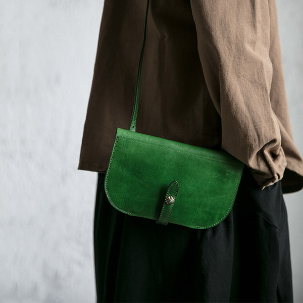 Womens Green Leather Crossbody Saddle Bag Purse Small Shoulder Bag Details