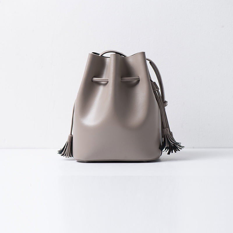 Grey Leather Vintage Fringe Bag Tassels Crossbody Bucket Bags