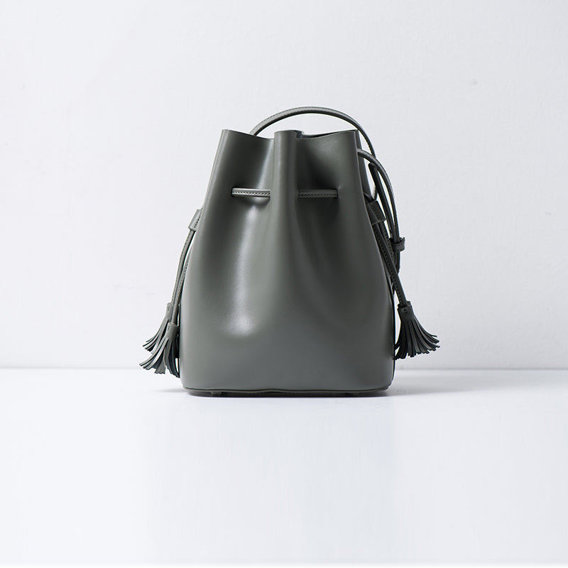 Grey Leather Vintage Fringe Bag Tassels Crossbody Bucket Bags