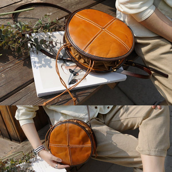 Womens Leather Circle Bag Round Purse Small Crossbody Purse for Women Details