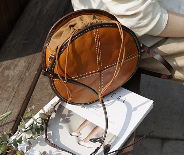 Womens Leather Circle Bag Round Purse Small Crossbody Purse for Women Genuine Leather