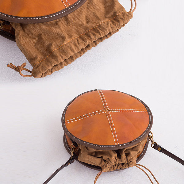 Womens Leather Circle Bag Round Purse Small Crossbody