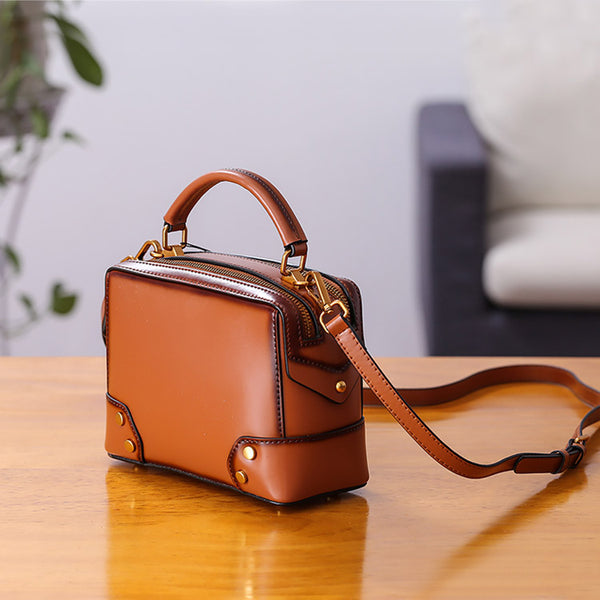 Womens Leather Cube Bag Crossbody Bags Shoulder Bag Purses for Women Brown