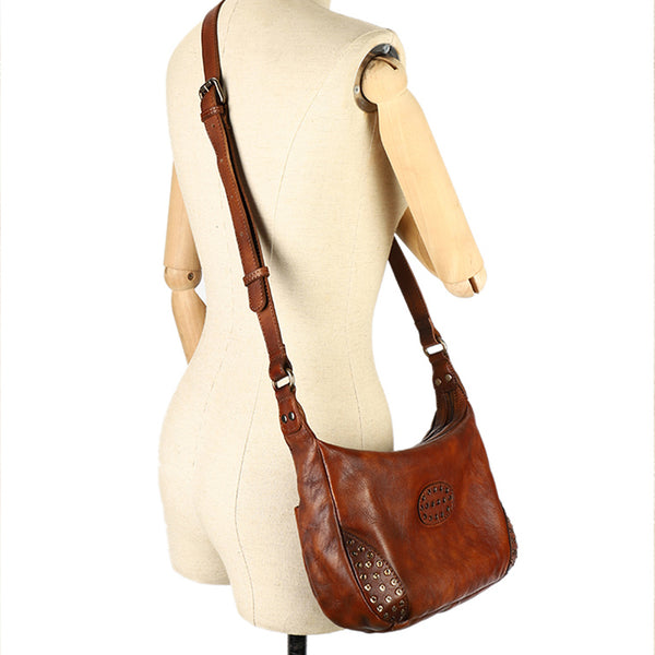 Womens Leather Hobo Crossbody Brown Shoulder Bag With Rivets  Casual