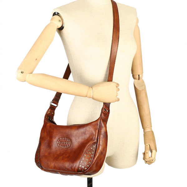 Womens Leather Hobo Crossbody Brown Shoulder Bag With Rivets  Cool