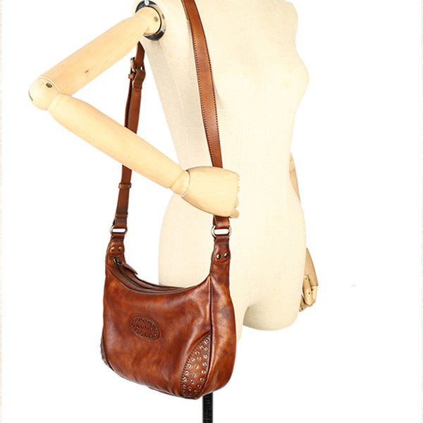 Womens Leather Hobo Crossbody Brown Shoulder Bag With Rivets