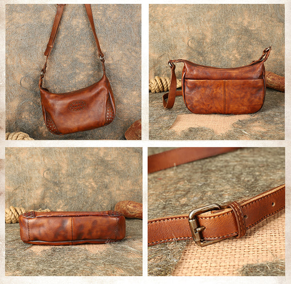 Womens Leather Hobo Crossbody Brown Shoulder Bag With Rivets  Details