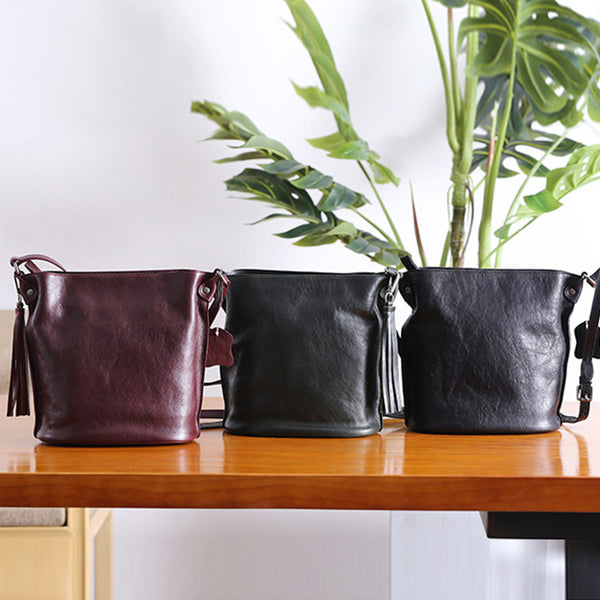 Womens Leather Tassels Bucket Bag Crossbody Bags Purse Shoulder Bag Black