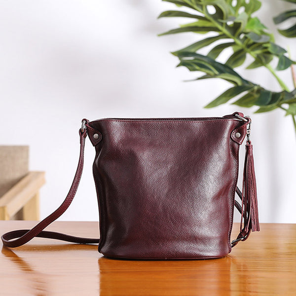Womens Leather Tassels Bucket Bag Crossbody Bags Purse Shoulder Bag Genuine Leather
