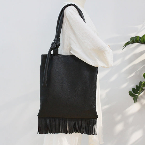 Womens Soft Leather Tote Handbags With Fringe Cross Shoulder Bag for Women