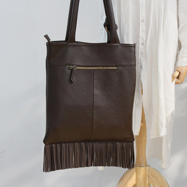 Womens Leather Tote Handbags With Fringe Cross Shoulder Bag for Women Brown