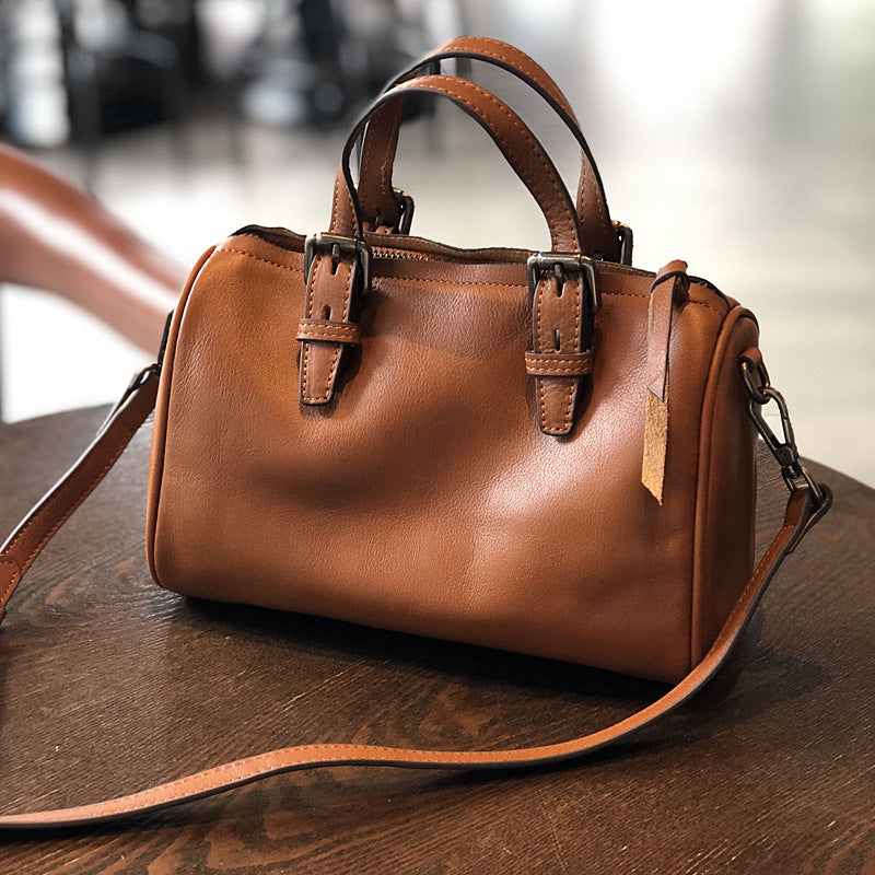 Vintage Womens Leather Barrel-Shaped Boston Shoulder Bag Handbag