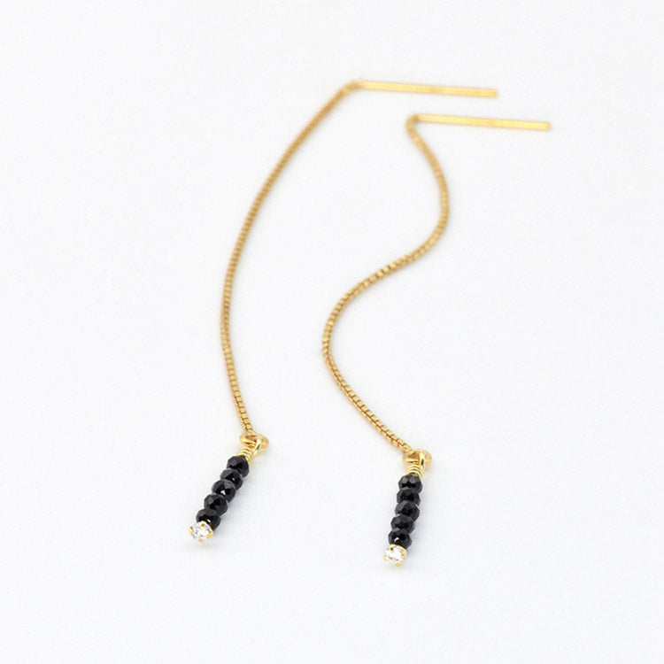 Womens Long 14 Gold Thread Earrings Black Spinel Beaded Dangle Earrings for Women charm
