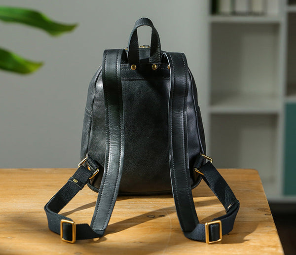 Womens Mini Black Leather Backpack Bag Womens Leather Rucksack Minimalist