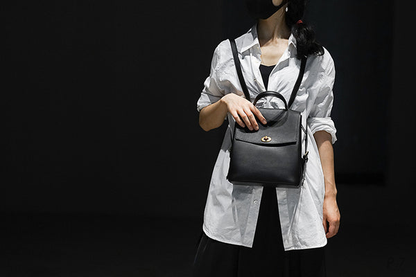 Womens Mini Black Leather Backpack Bag Cute Backpacks For Women Cowhide