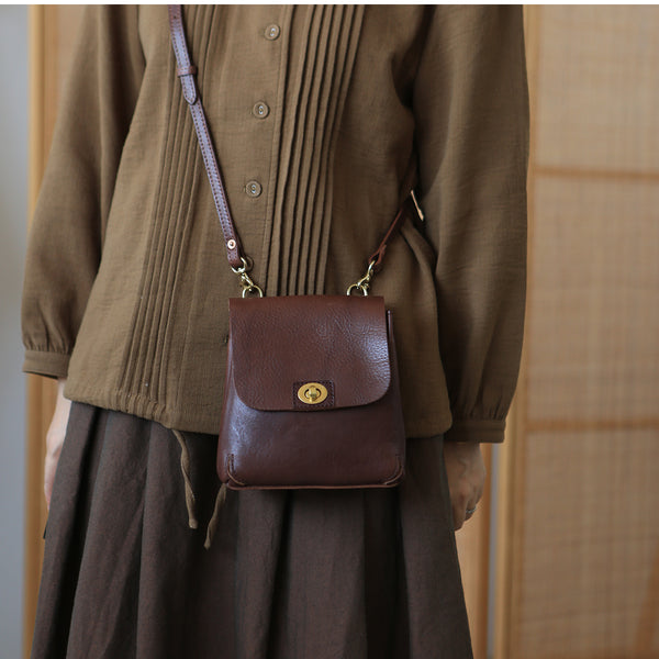 Womens Mini Crossbody Phone Bags Brown Shoulder Bag Genuine-Leather