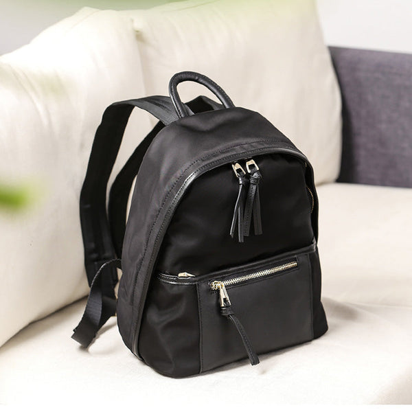 Womens Nylon And Leather Backpack Purse Small Rucksack Black