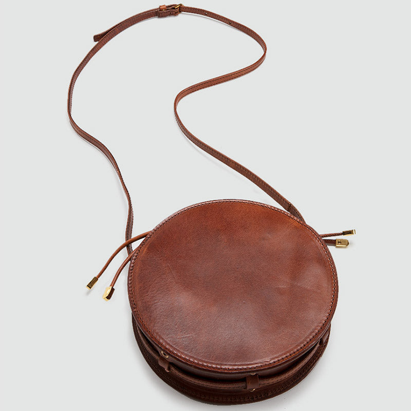 Womens Round Tan Leather Crossbody Bag Circle Bag Purse Shoulder Bag, Tan