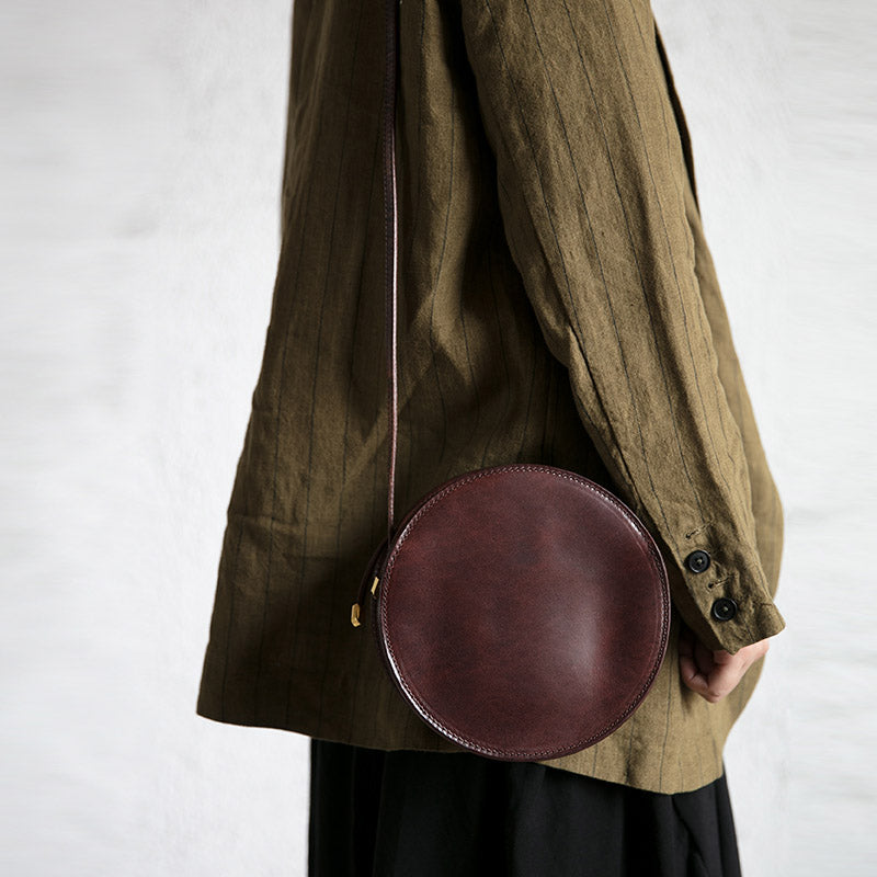 Womens Round Tan Leather Crossbody Bag Circle Bag Purse Shoulder Bag Designer