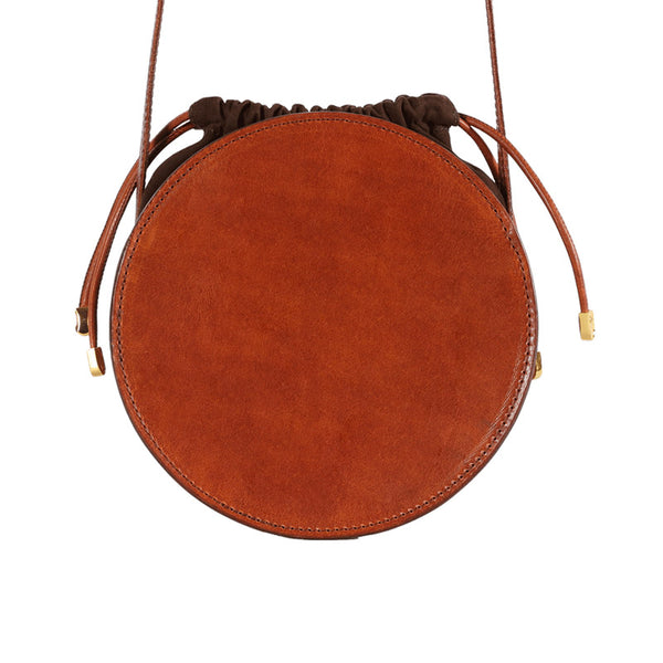 Womens Round Tan Leather Crossbody Bag Circle Bag Purse Shoulder Bag Minimalist