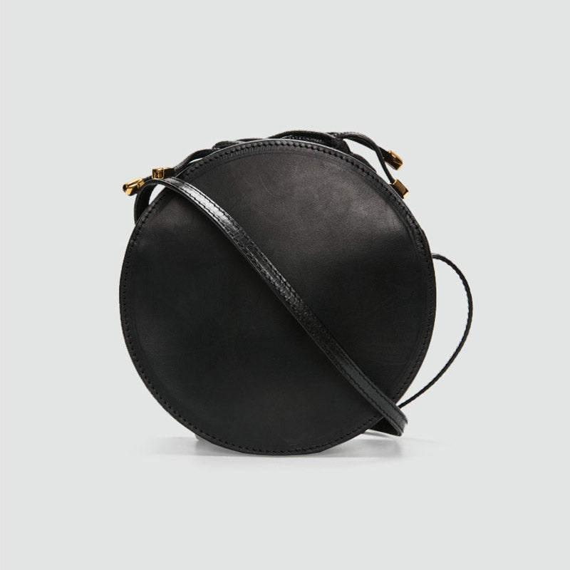 Mini Crossbody Bag for Women. Small Round Bag Purse. Black Leather Circle Bag