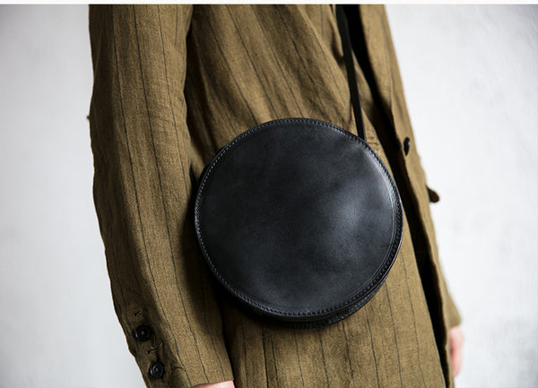  Womens Round Tan Leather Crossbody Bag Circle Bag Purse Shoulder Bag fashion