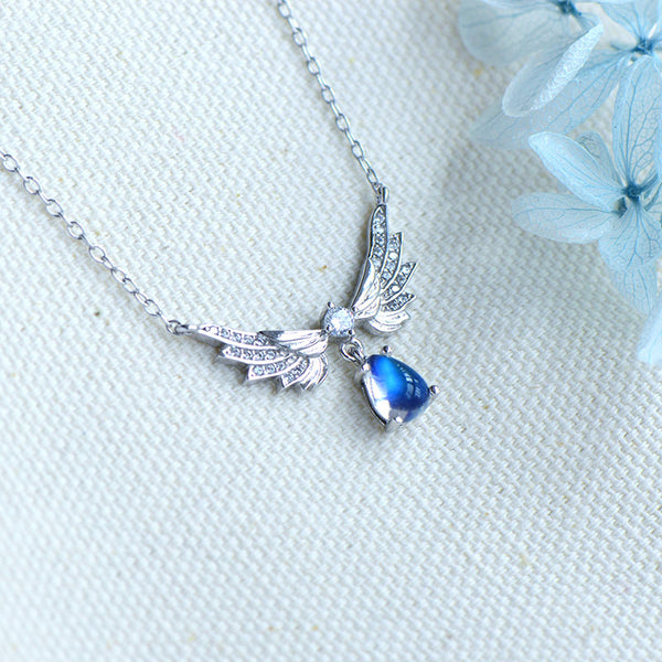 Womens Silver Blue Moonstone Guardian Angel Pendant Necklace For Women Accessories