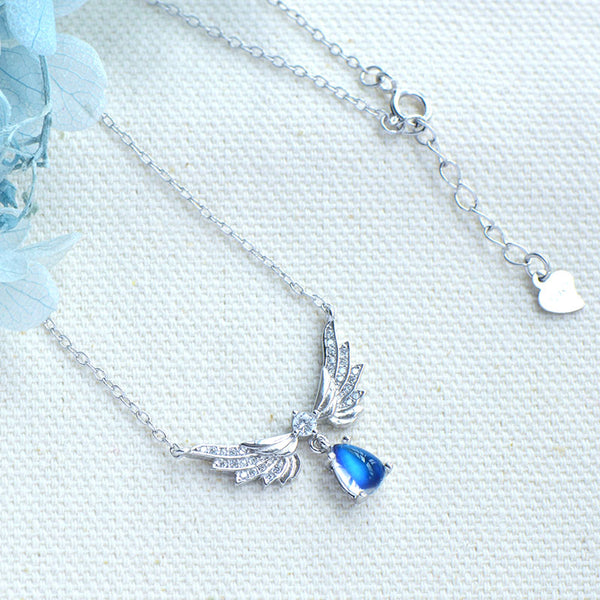 Womens Silver Blue Moonstone Guardian Angel Pendant Necklace For Women Beautiful