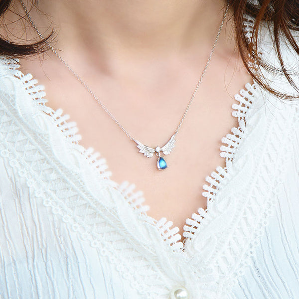 Womens Silver Blue Moonstone Guardian Angel Pendant Necklace For Women Best