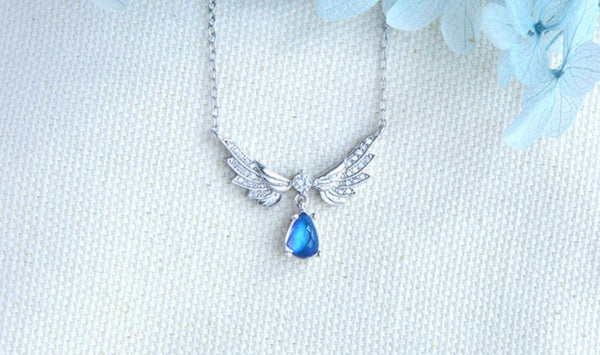 Womens Silver Blue Moonstone Guardian Angel Pendant Necklace For Women Details