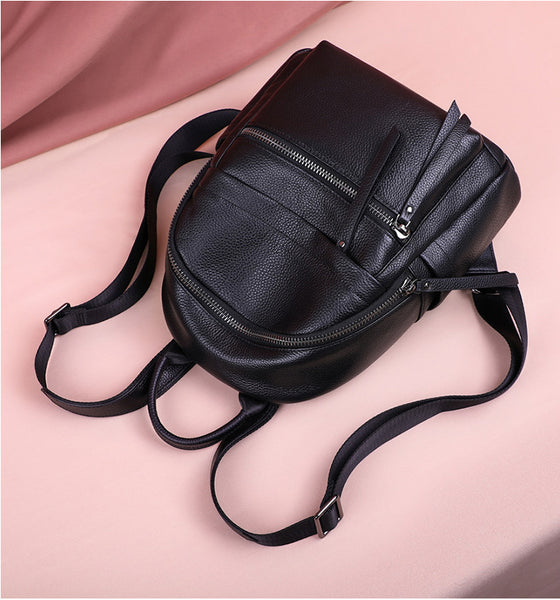 Womens Small Black Leather Backpack Purse Black Rucksack For Women Casual
