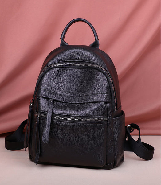 Womens Small Black Leather Backpack Purse Black Rucksack For Women Chic