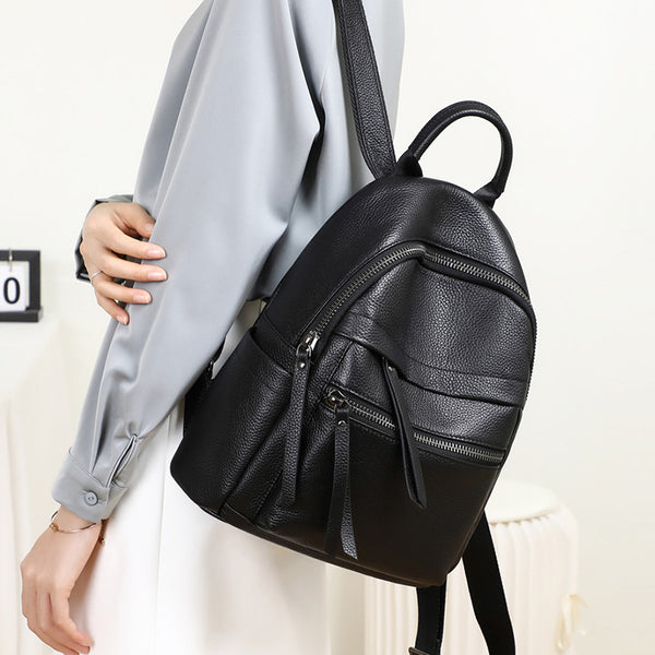 Womens Small Black Leather Backpack Purse Black Rucksack For Women Classic