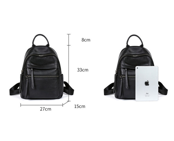 Womens Small Black Leather Backpack Purse Black Rucksack For Women Genuine-Leather