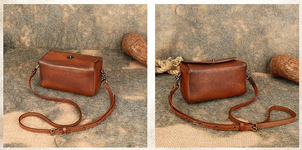 Womens Small Boxy Leather Crossbody Purse Leather Shoulder Bag For Women Brown