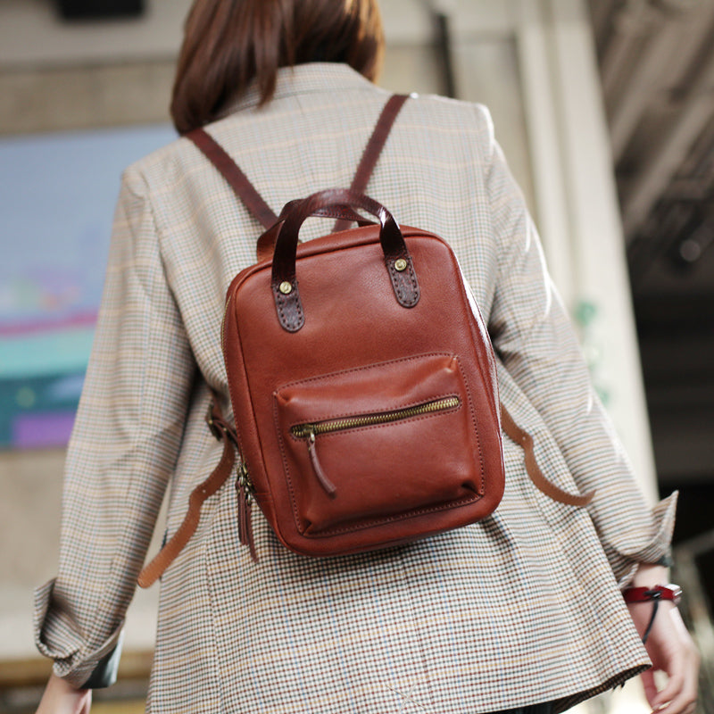 Womens Genuine Brown Leather Backpack Purse