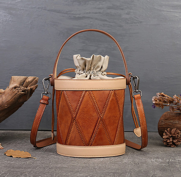 Womens Small Brown Leather Bucket Bag Shoulder Handbags Brown
