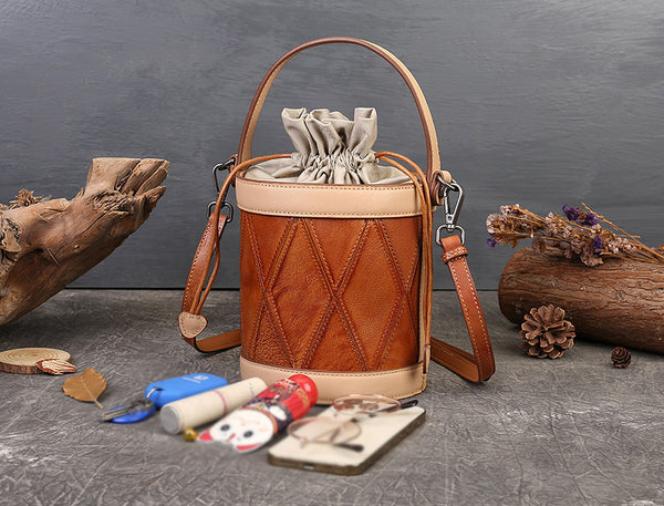 Womens Small Brown Leather Bucket Bag Shoulder Handbags Capacity