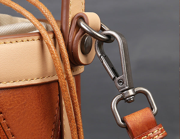 Womens Small Brown Leather Bucket Bag Shoulder Handbags Durable