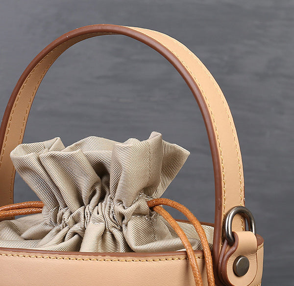 Womens Small Brown Leather Bucket Bag Shoulder Handbags Elegant