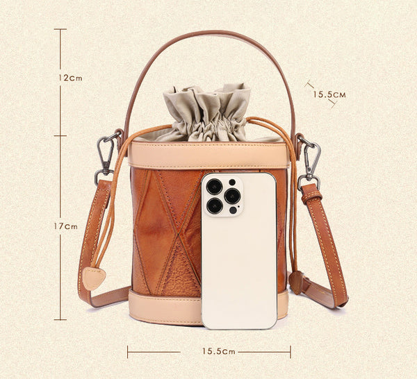 Womens Small Brown Leather Bucket Bag Shoulder Handbags Stylish