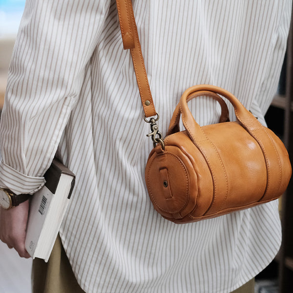 Womens Small Leather Barrel Bag Shoulder Handbags Affordable