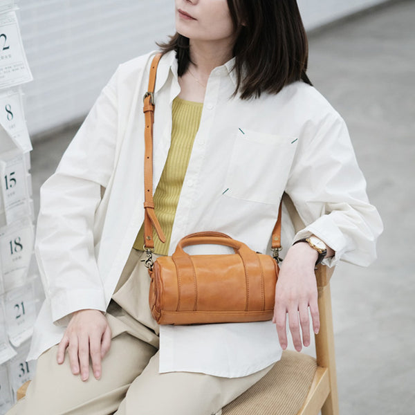 Womens Small Leather Barrel Bag Shoulder Handbags Boutique