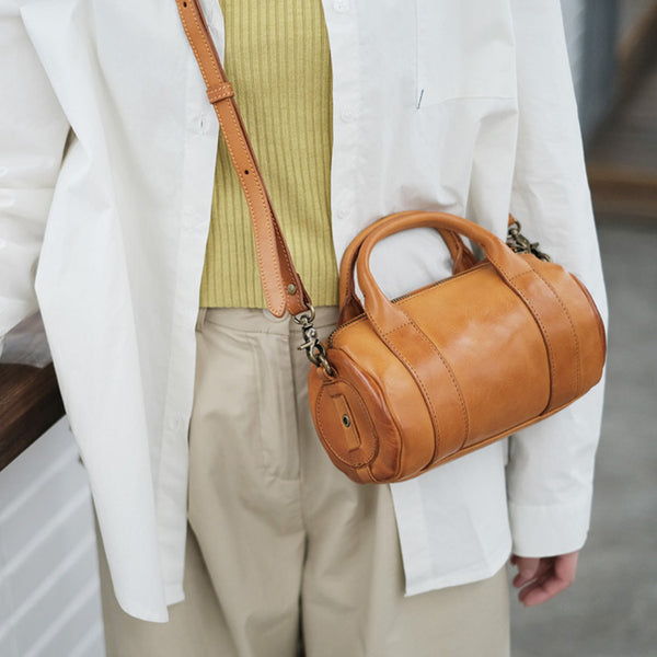 Womens Small Leather Barrel Bag Shoulder Handbags Brown