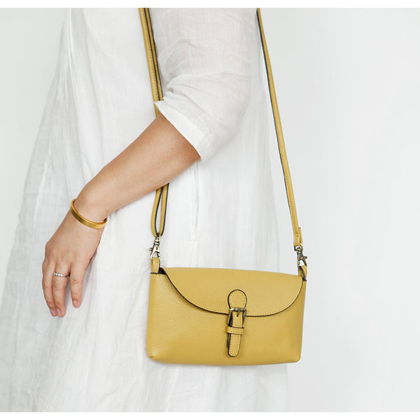 Womens Small Leather Shoulder Bag Yellow Crossbody Bag Elegant