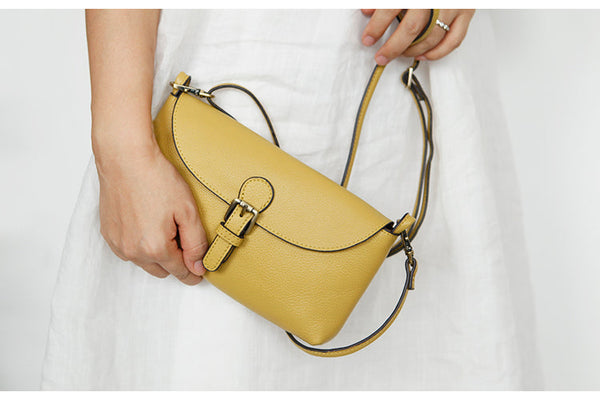 Womens Small Leather Shoulder Bag Yellow Crossbody Bag Handmade