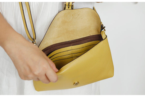 Womens Small Leather Shoulder Bag Yellow Crossbody Bag Inside