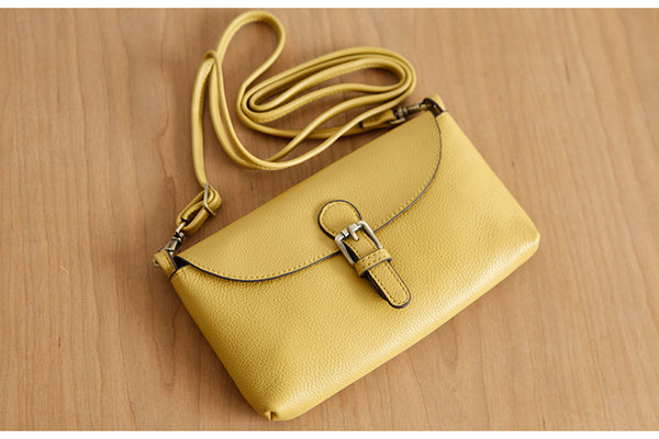 Womens Small Leather Shoulder Bag Yellow Crossbody Bag Minimalist