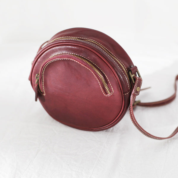 Womens Small Red Leather Circle Crossbody Purse Over The Shoulder Bag For Women Cute